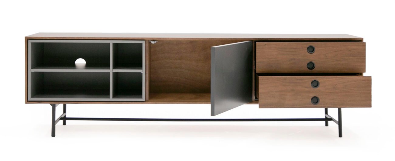 Modrest Bronson Mid-Century Modern Walnut & Grey TV Stand - Image 2