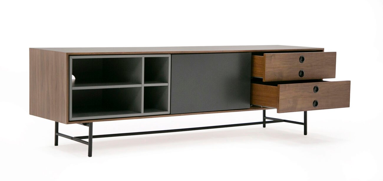 Modrest Bronson Mid-Century Modern Walnut & Grey TV Stand - Image 4