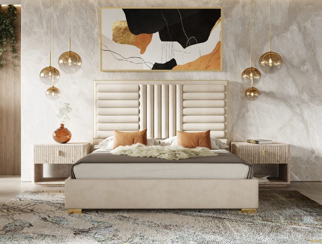 Queen - Nova Domus Daystar + Roma - Modern Beige Velvet + Travertine + Gold Bedroom Set - Image 3