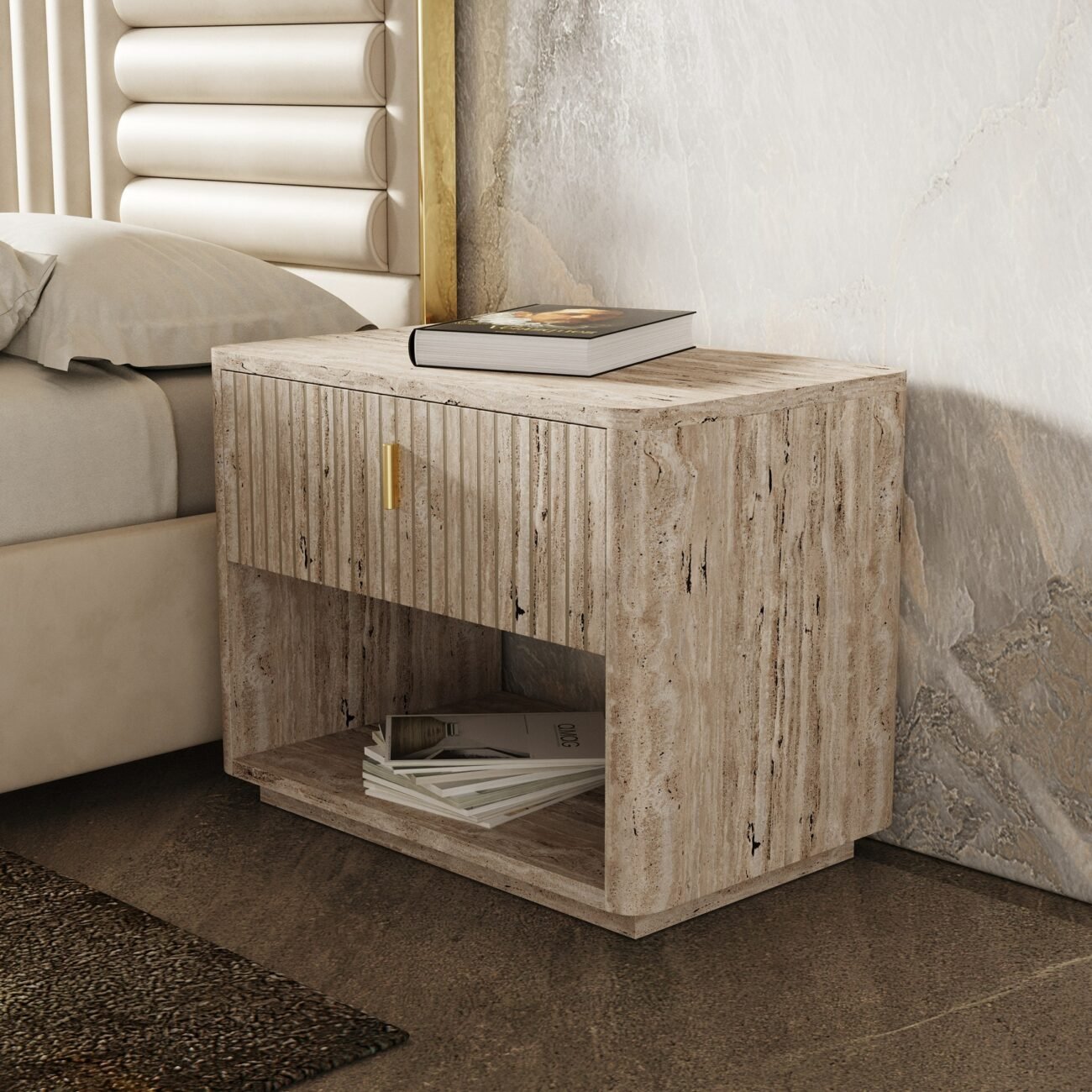 Queen - Nova Domus Daystar + Roma - Modern Beige Velvet + Travertine + Gold Bedroom Set - Image 2