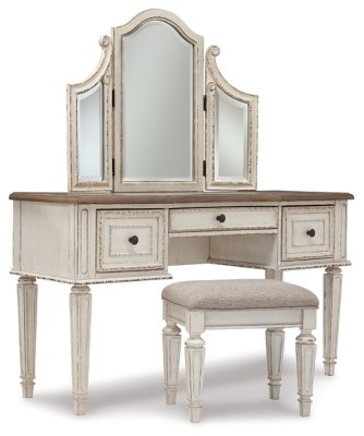 Realyn Full Panel Bed, Dresser, Mirror, 3-Piece Vanity and Nightstand - Image 4