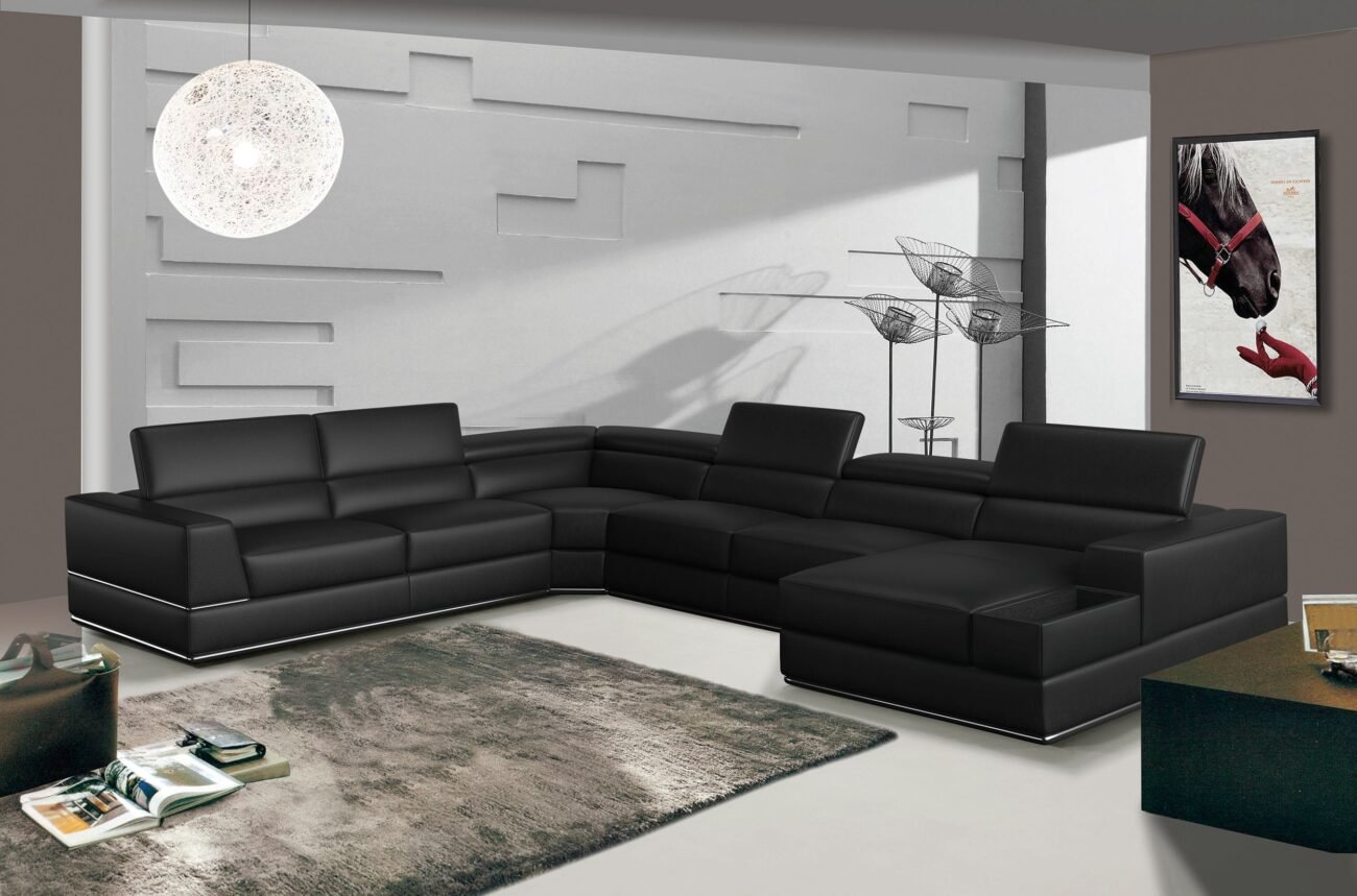 Divani Casa Pella - Modern Black Italian Leather U Shaped Sectional Sofa - Image 3