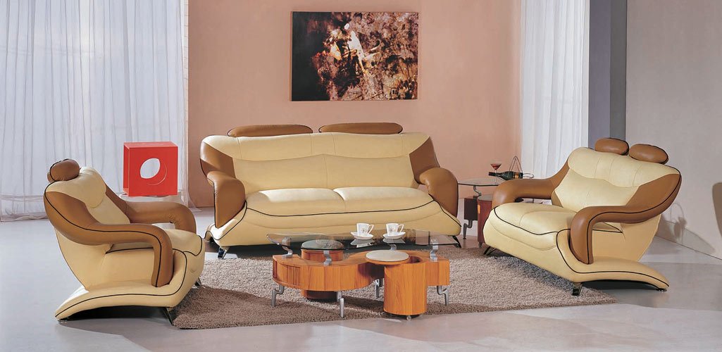 7055 Modern Cream and Camel Leather Sofa Set - Image 2