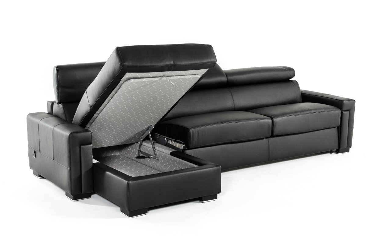 Lamod Italia Sacha - Modern Black Leather Reversible Sectional Sofa Bed with Storage - Image 3