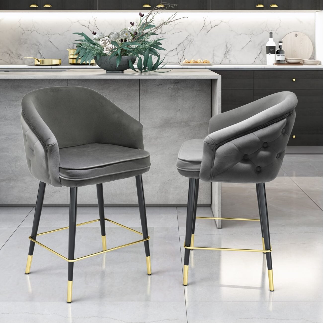 Modrest Elliot - Contemporary Grey & Black/Gold Dining Bar Stool (Set of 2) - Image 4