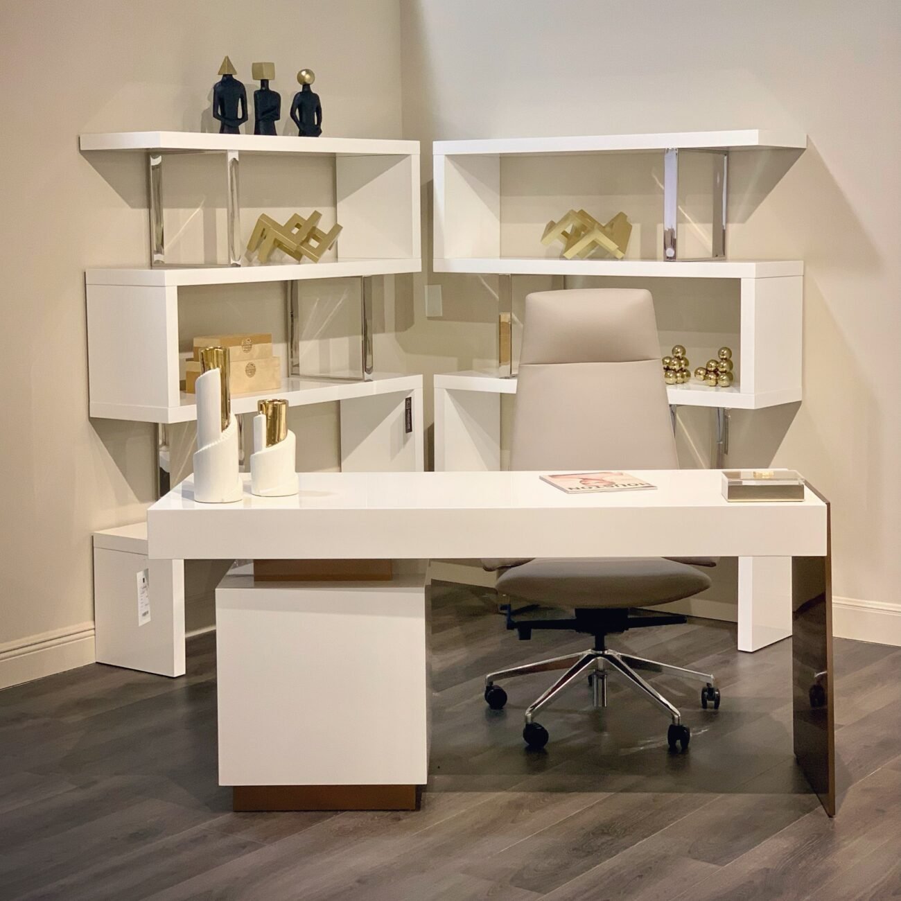Modrest Trahan - Modern Gloss White and Brushed Gold Office Desk - Image 2