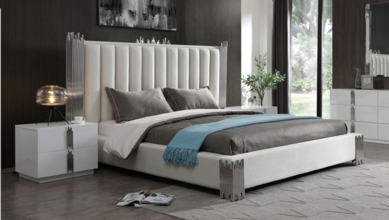 Modrest Token - Modern White + Stainless Steel Bed + Nightstands - Image 3