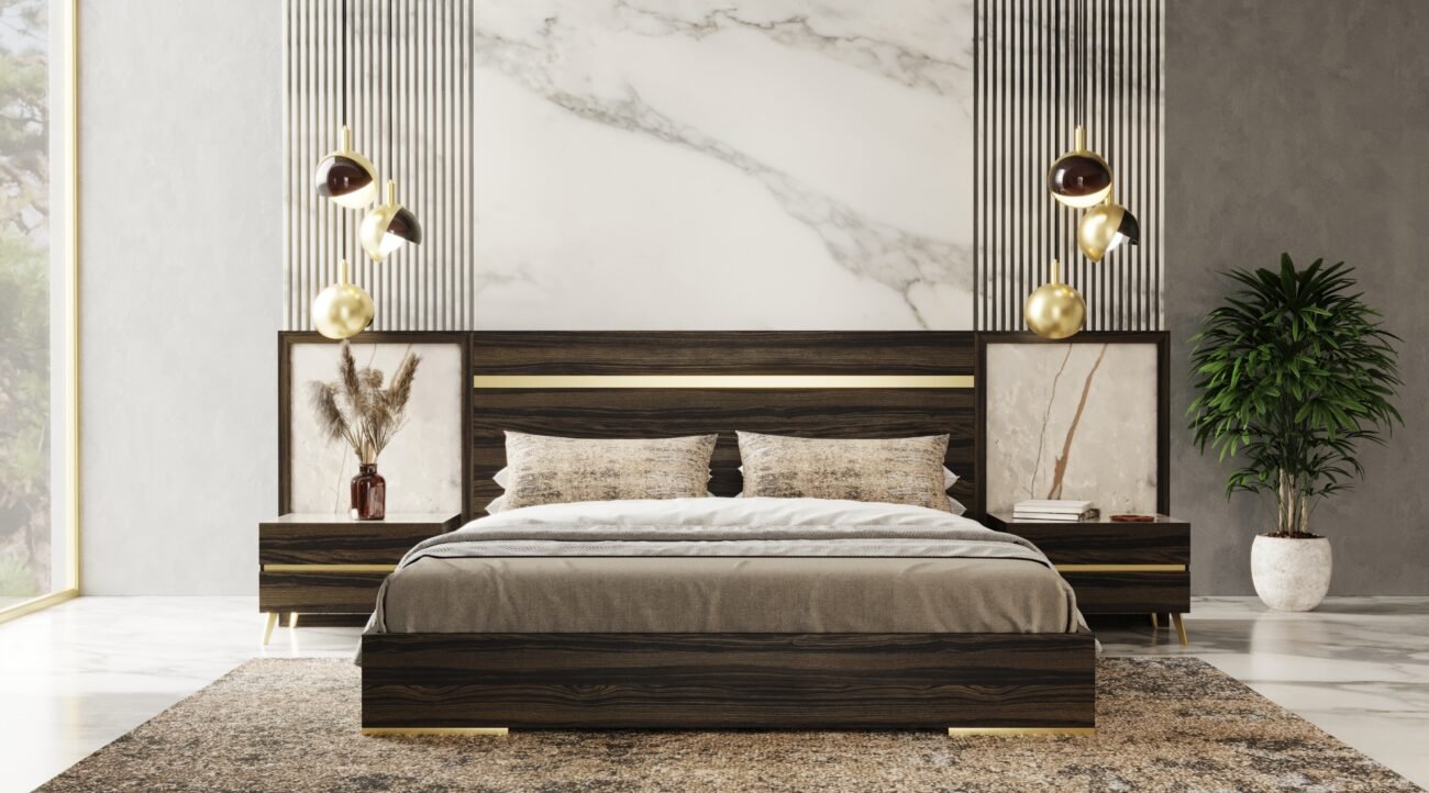 Nova Domus Velondra - Modern Eucalypto + Marble Bed with Two Nightstands - Image 3
