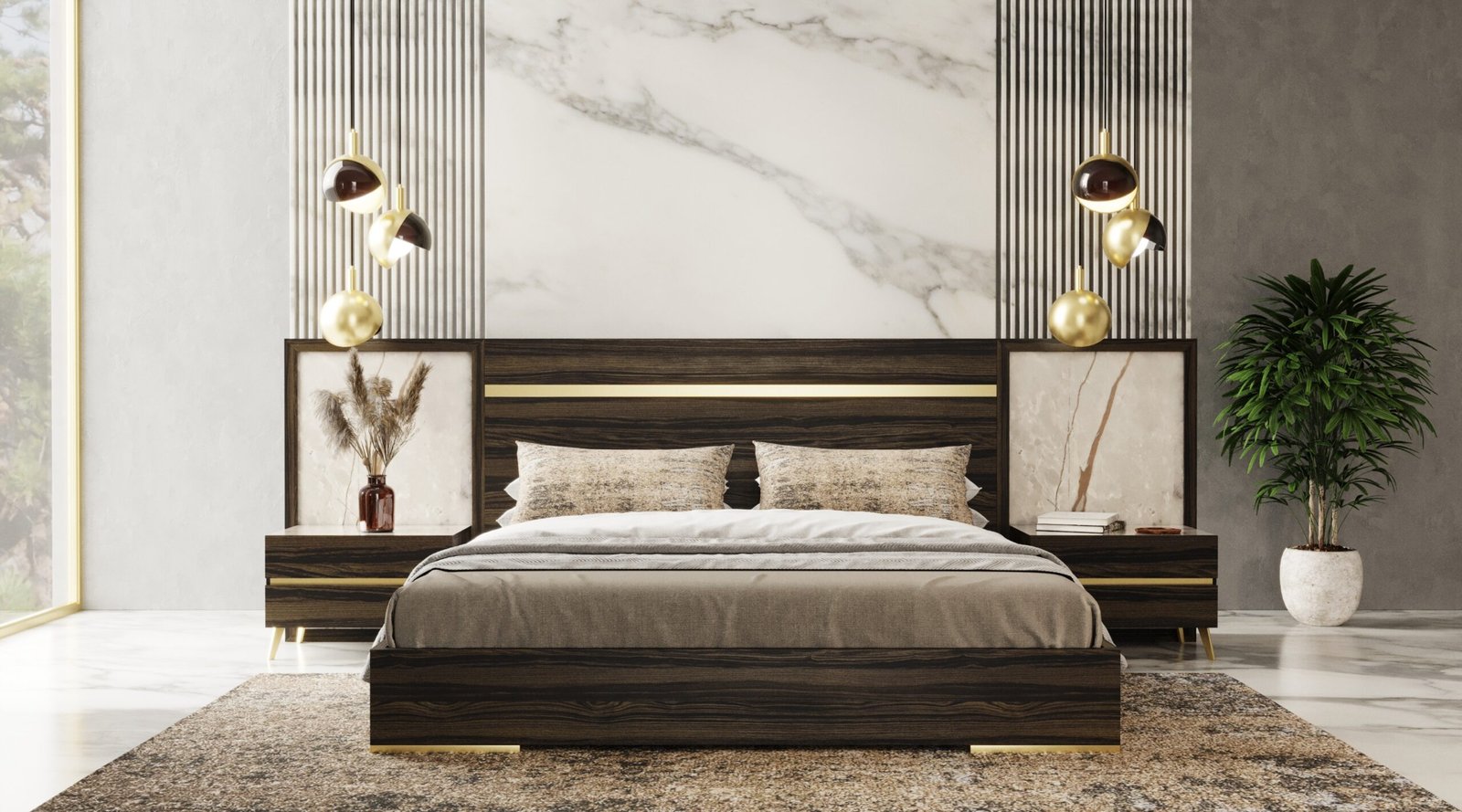 Nova Domus Velondra - Modern Eucalypto + Marble Bed with Two Nightstands - Image 3