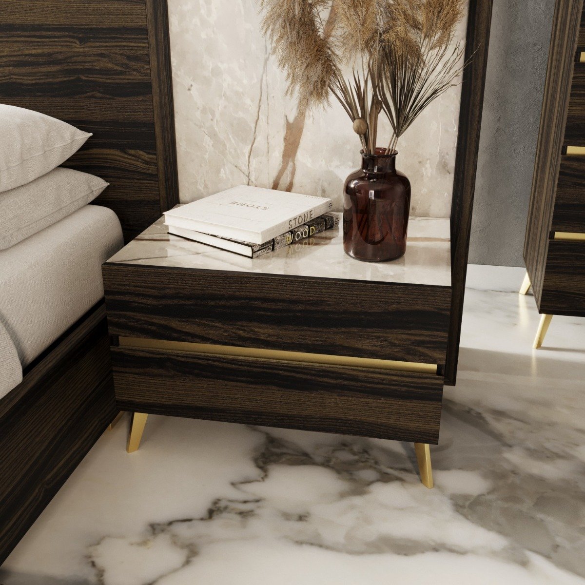Nova Domus Velondra - Modern Eucalypto + Marble Bed with Two Nightstands - Image 2