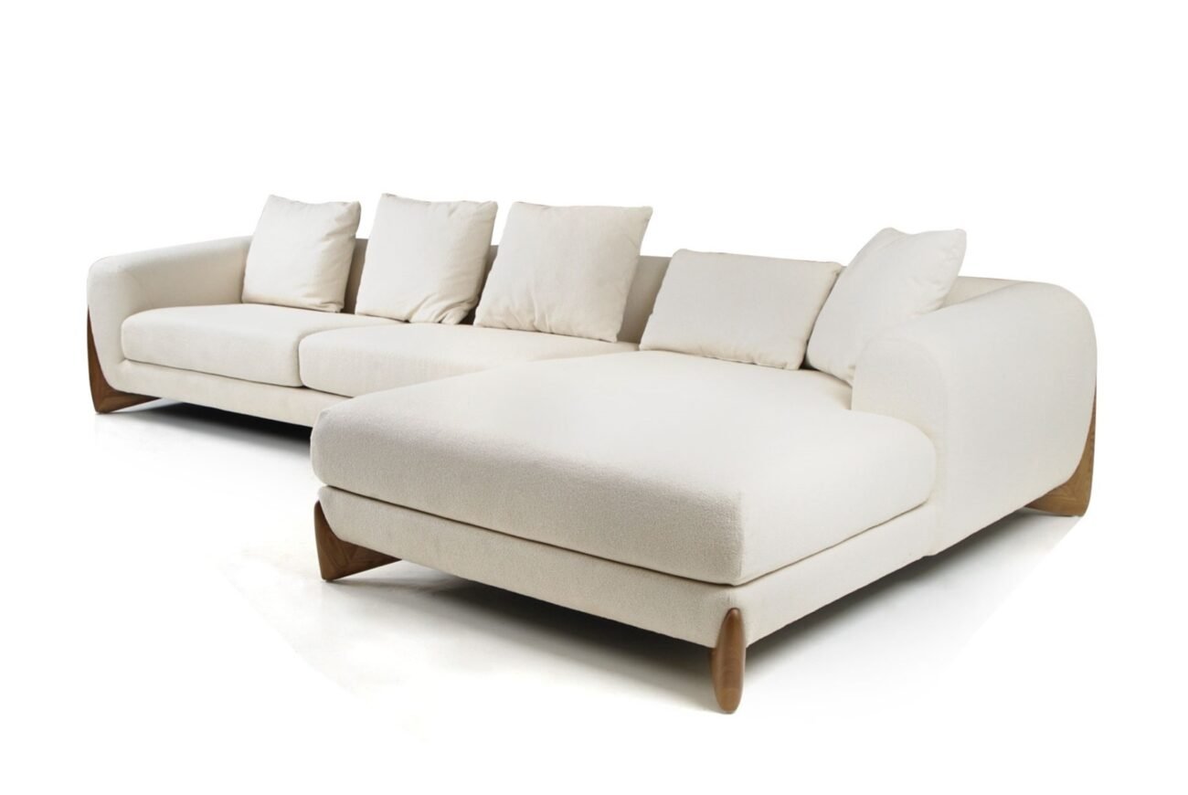Modrest Fleury - Contemporary Cream Fabric and Walnut RAF Sectional Sofa - Image 5