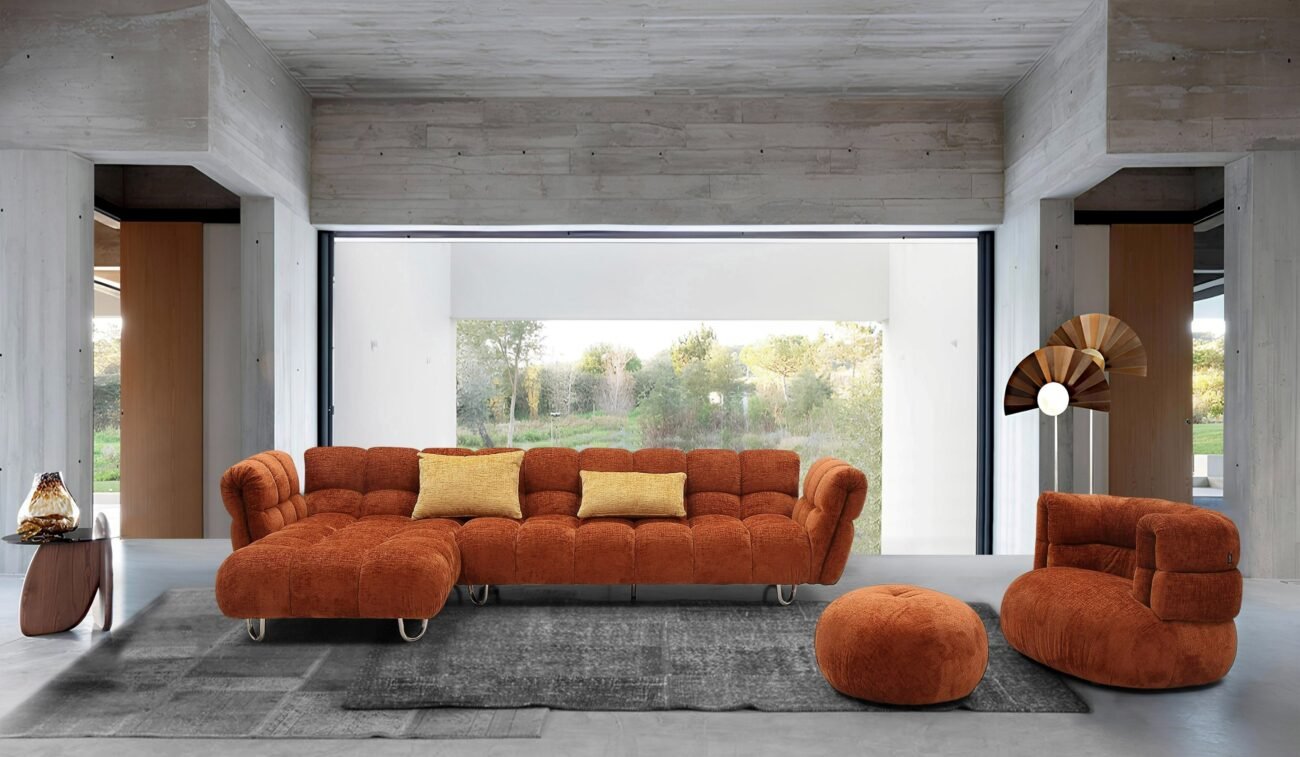Divani Casa Jacinda - Modern Burnt Orange Fabric Left Facing Sectional Sofa + 2 Yellow Pillows - Image 4