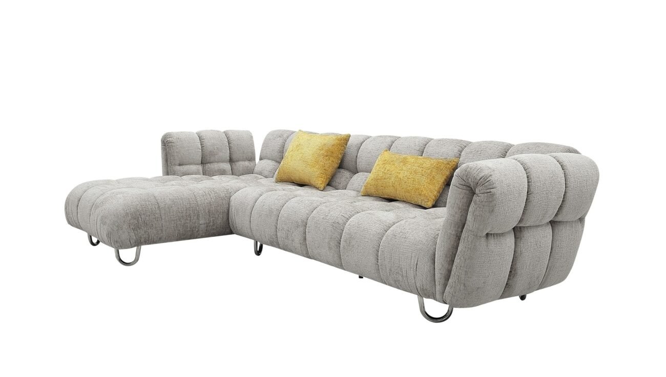 Divani Casa Jacinda - Modern Grey Fabric Left Facing Sectional Sofa with 2 Yellow Pillows