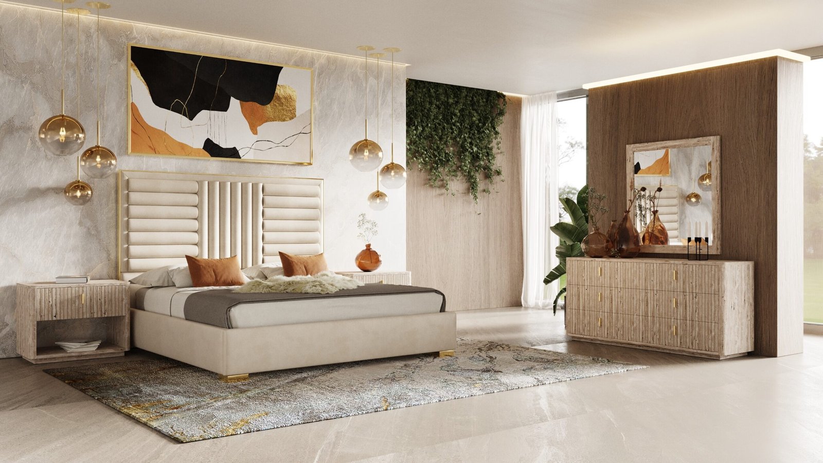 Nova Domus Daystar + Roma - Modern Beige Velvet + Travertine + Gold Bedroom Set - Image 4