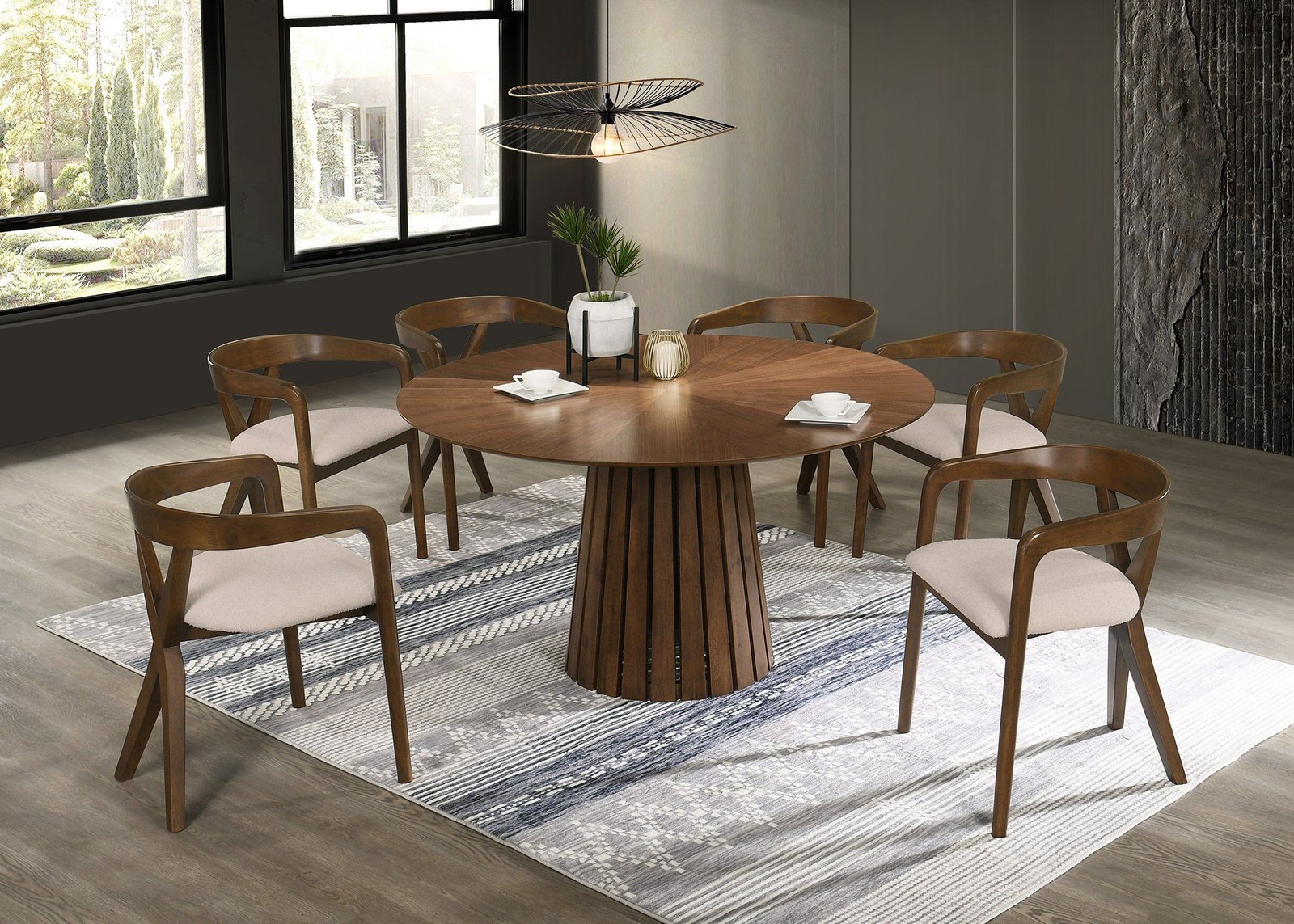 Modrest Weiss - Mid-Century Modern Walnut Round Dining Table + 6 Chair Set - Image 5