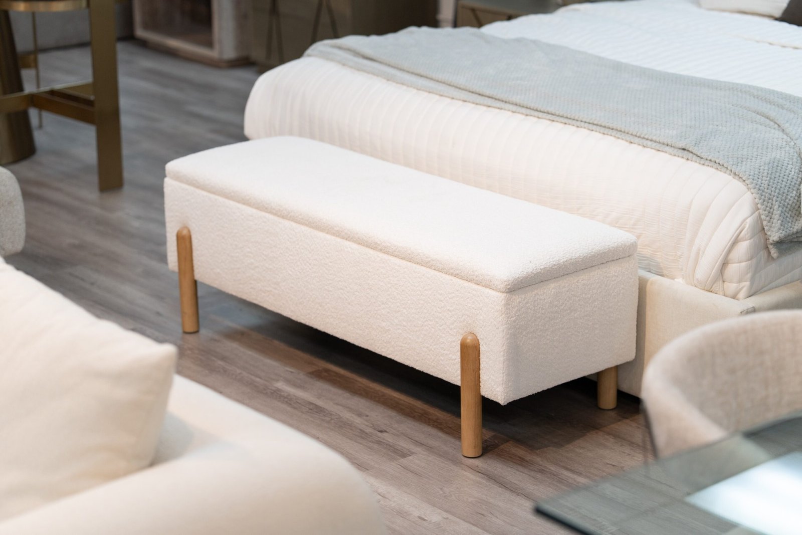 Modrest Electra - Modern Ivory Fabric + Rubberwood Bench With Storage - Image 5