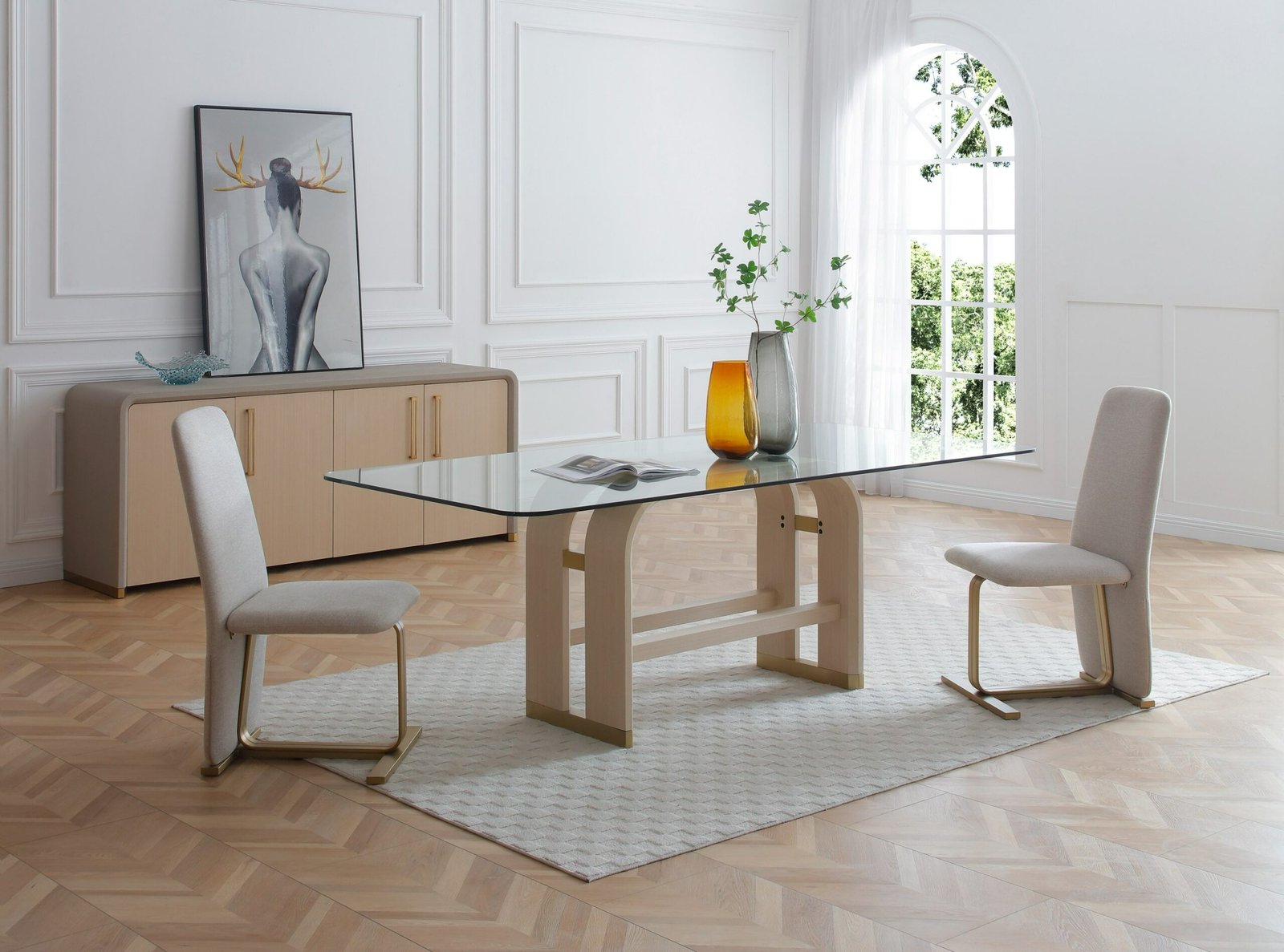 Modrest Florence - Modern Glass + Natural Oak + Gold Dining Table - Image 4