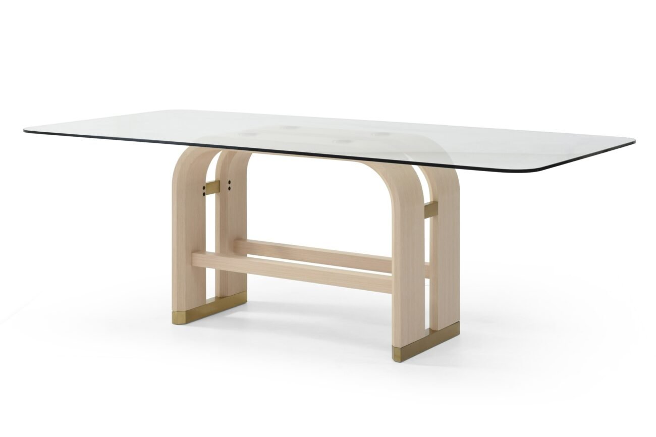 Modrest Florence - Modern Glass + Natural Oak + Gold Dining Table