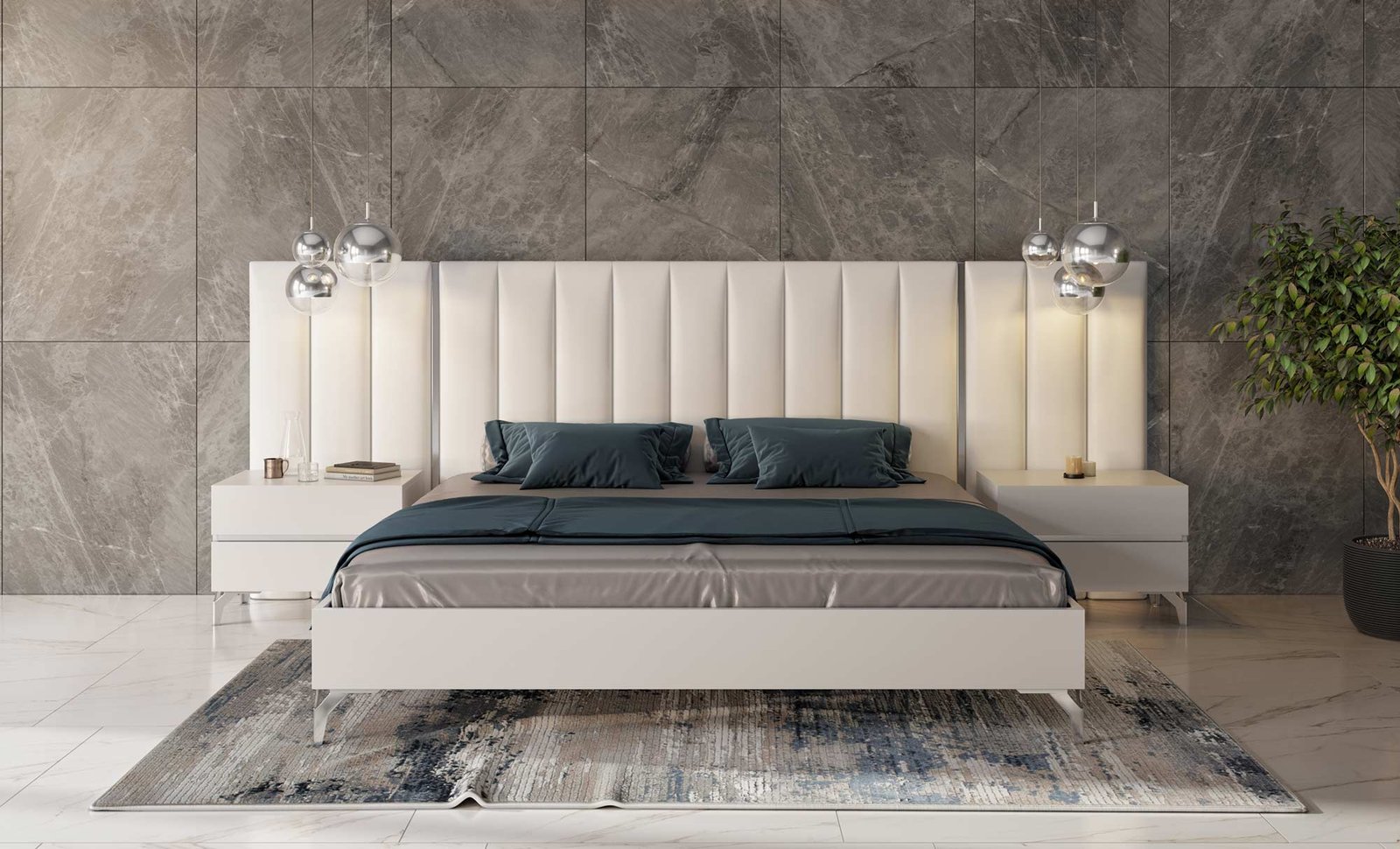 Nova Domus Angela - Eastern King Italian Modern White Eco Leather Bed w/ Nightstands and Wings - Image 2