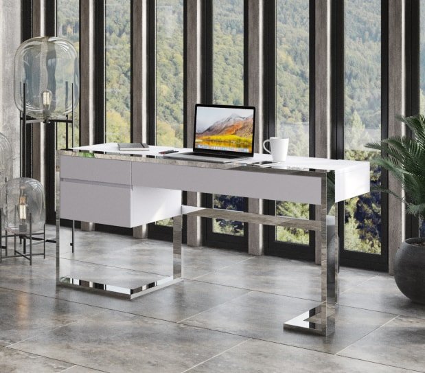 Modrest Fauna - Modern White High Gloss & Stainless Steel Desk - Image 3