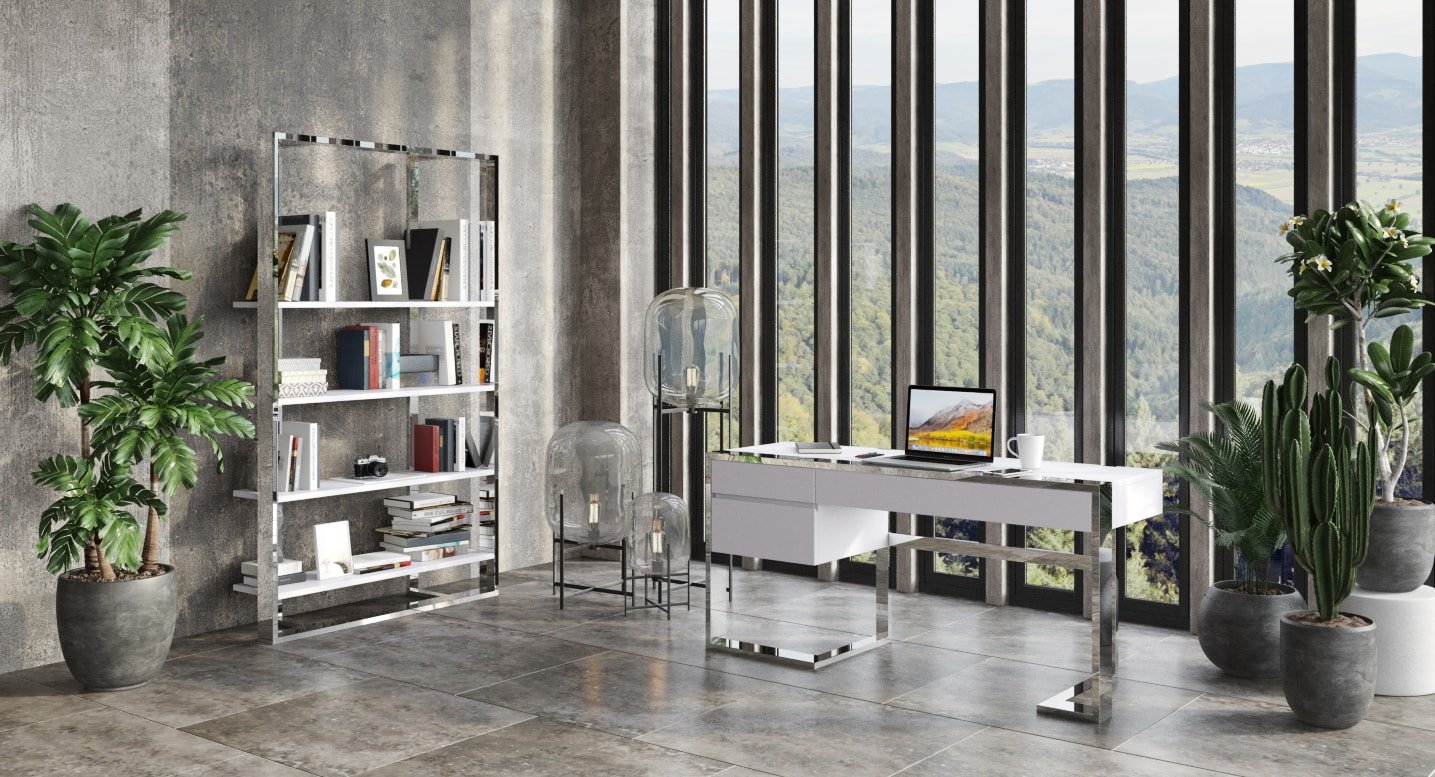 Modrest Fauna - Modern White High Gloss & Stainless Steel Desk - Image 4