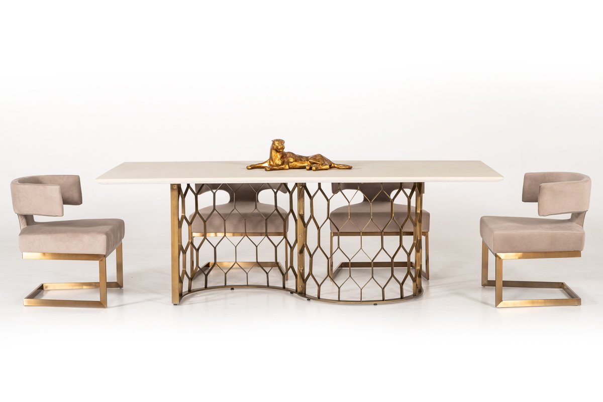 Modrest Faye Modern White Concrete & Antique Brass Dining Table - Image 2