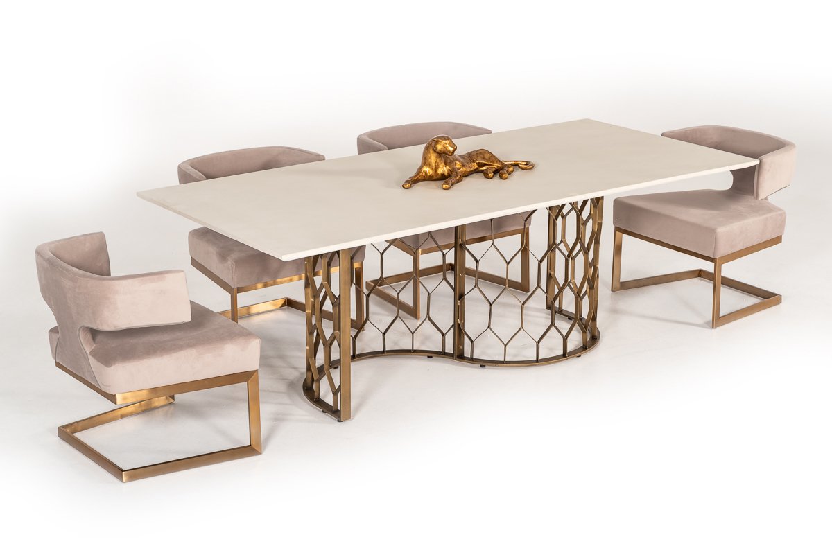 Modrest Faye Modern White Concrete & Antique Brass Dining Table - Image 3