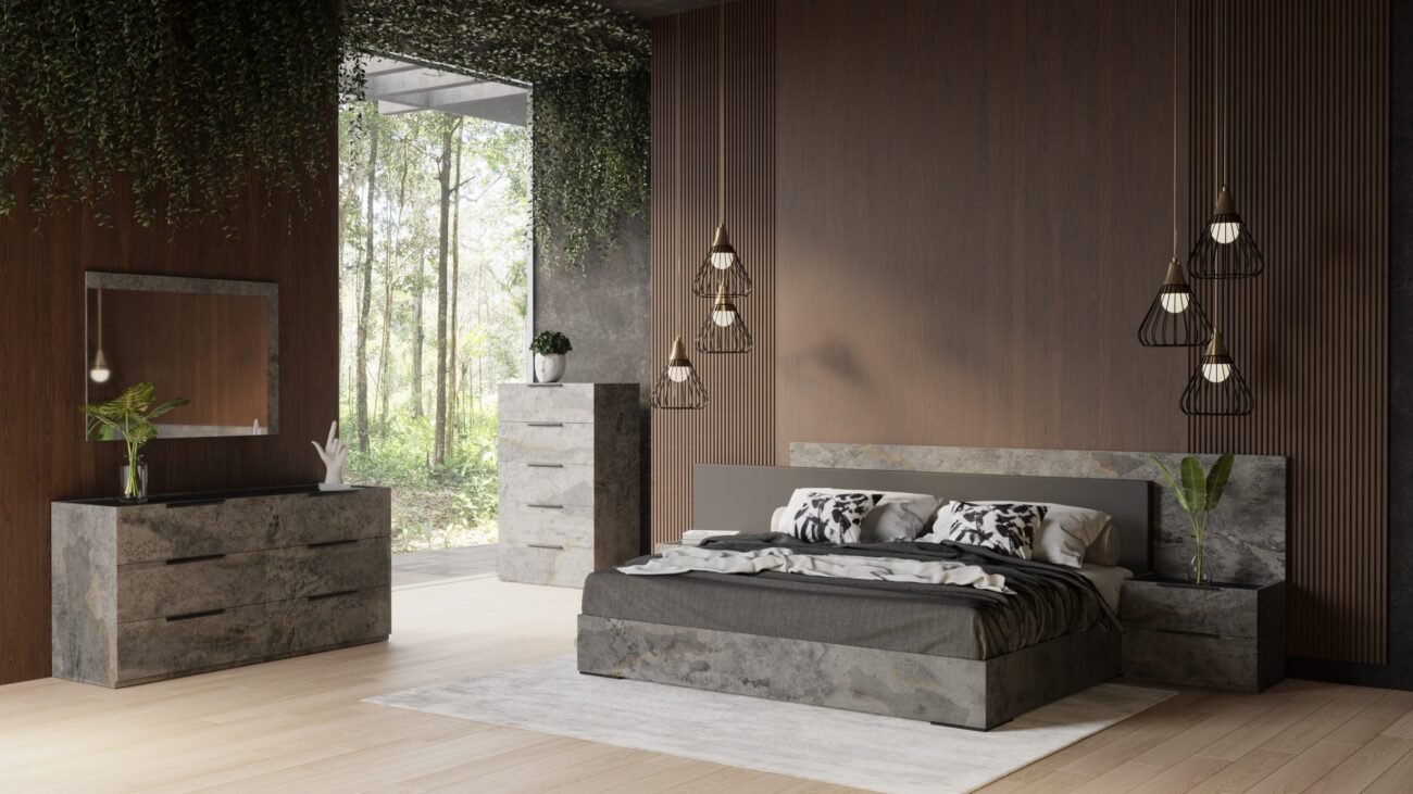 Nova Domus Ferrara - Eastern King Modern Volcano Oxide Grey Bed with Nightstands