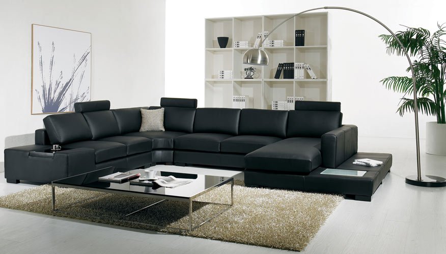 T35 - Modern Black Genuine Leather Sectional Sofa with Light - Image 3