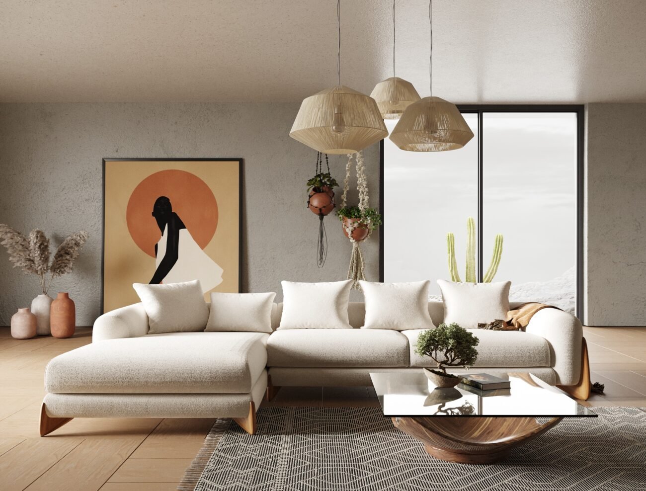 Modrest Fleury - Contemporary Cream Fabric and Walnut LAF Sectional Sofa - Image 2