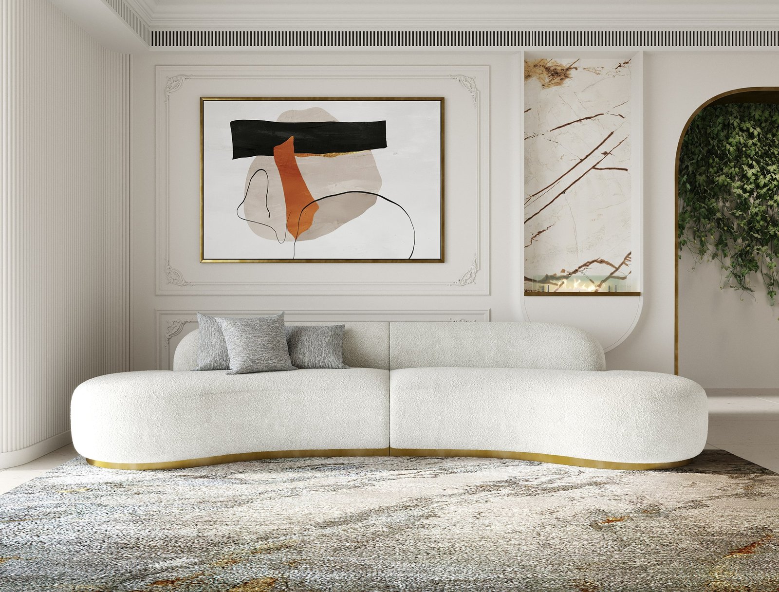 Divani Casa Frontier - Glam White Fabric Curved Sectional Sofa with Beige Pillows - Image 4