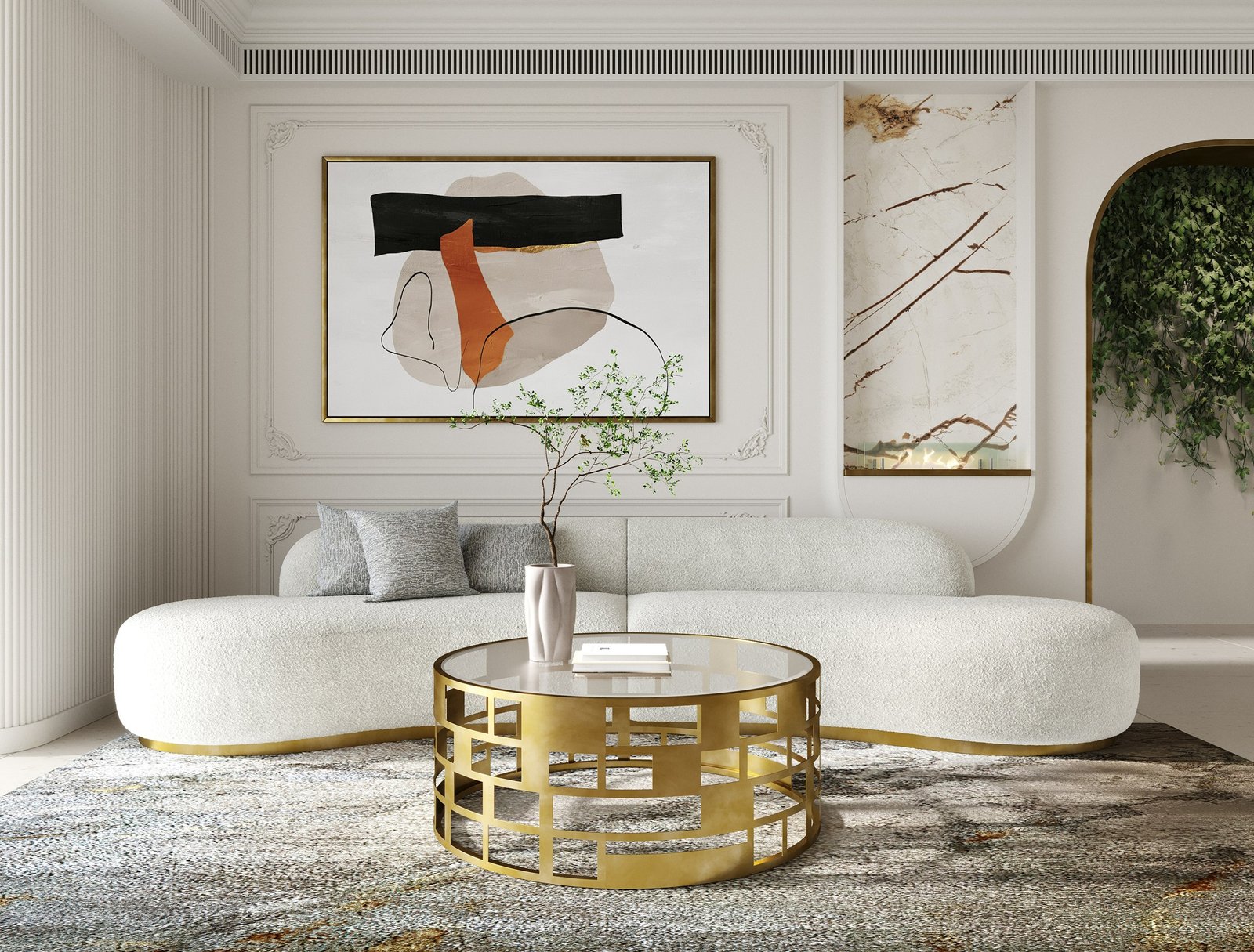 Divani Casa Frontier - Glam White Fabric Curved Sectional Sofa with Beige Pillows - Image 3