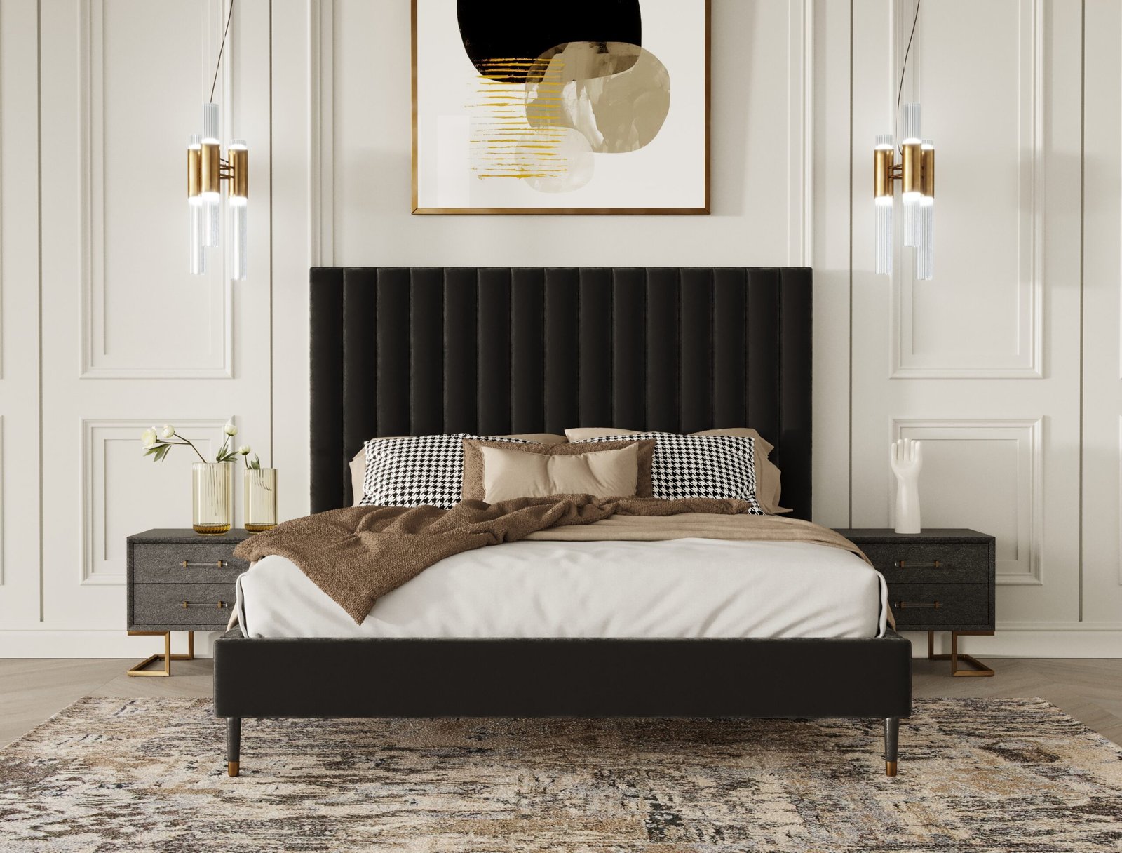 Modrest Hemlock Howard- Modern Dark Grey Velvet and Shagreen Grey EK Bedroom Set