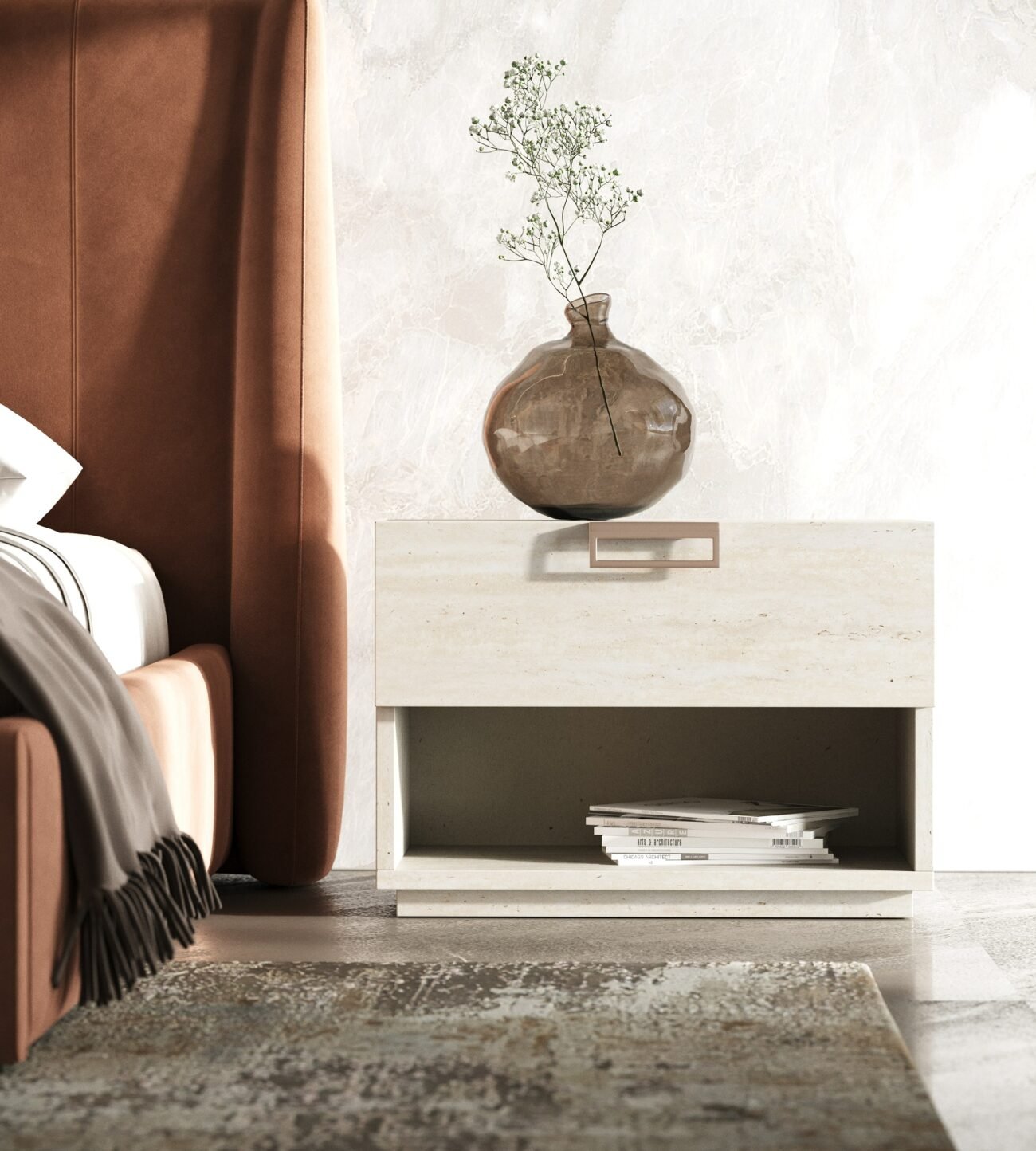 Lamod Roma + Lago - Modern Burnt Orange Velvet + Faux Travertine 4-Piece Bedroom Set - Image 3