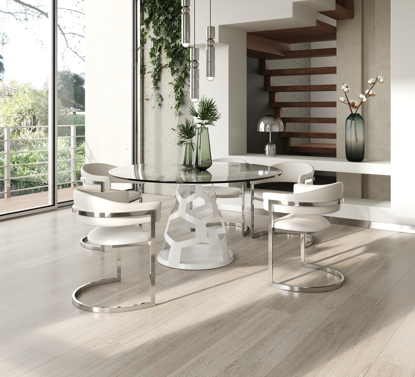 Modrest Lilly - Modern 12mm Round Glass + White Dining Table - Image 5