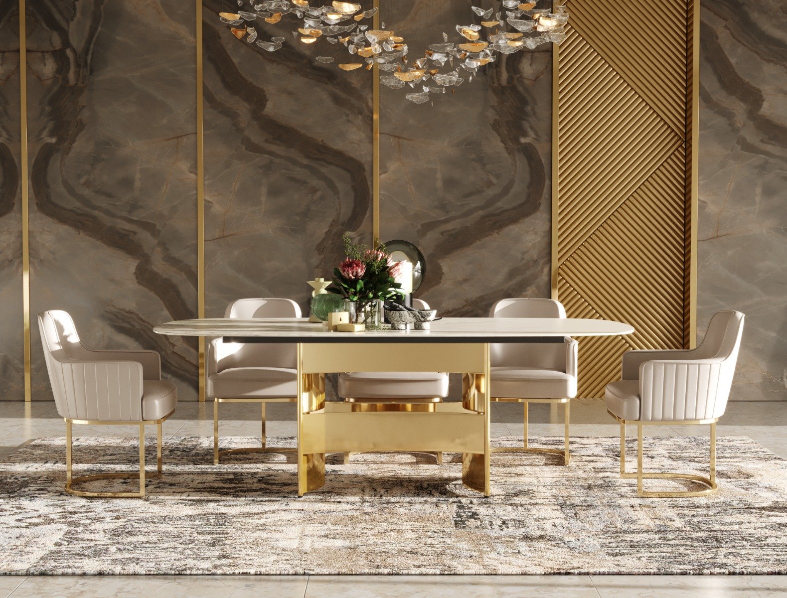 Modrest Marmot - White Marble and Champagne Gold Dining Table - Image 5