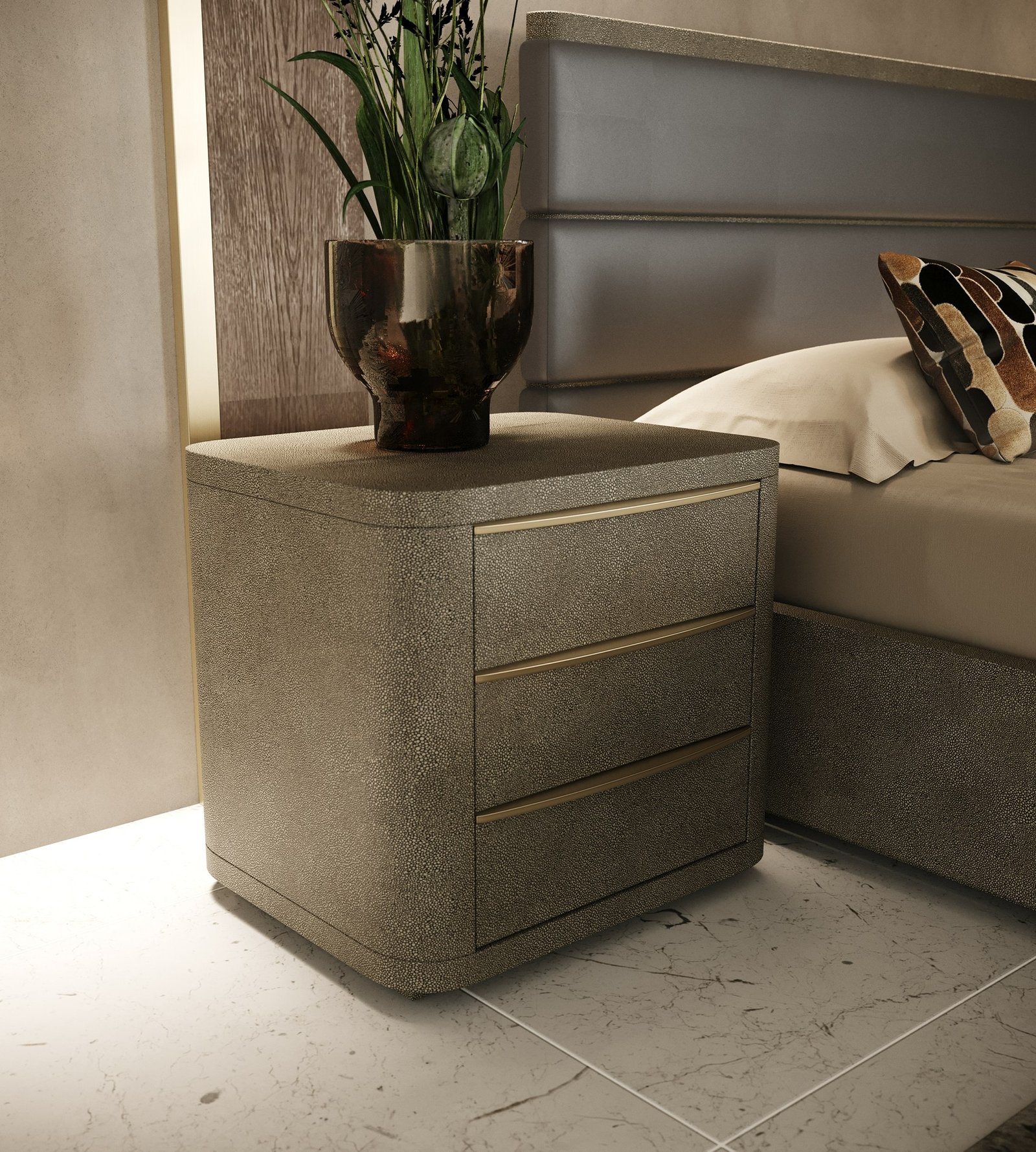 Modrest Lois - Modern Beige Shagreen + Brass Nightstand