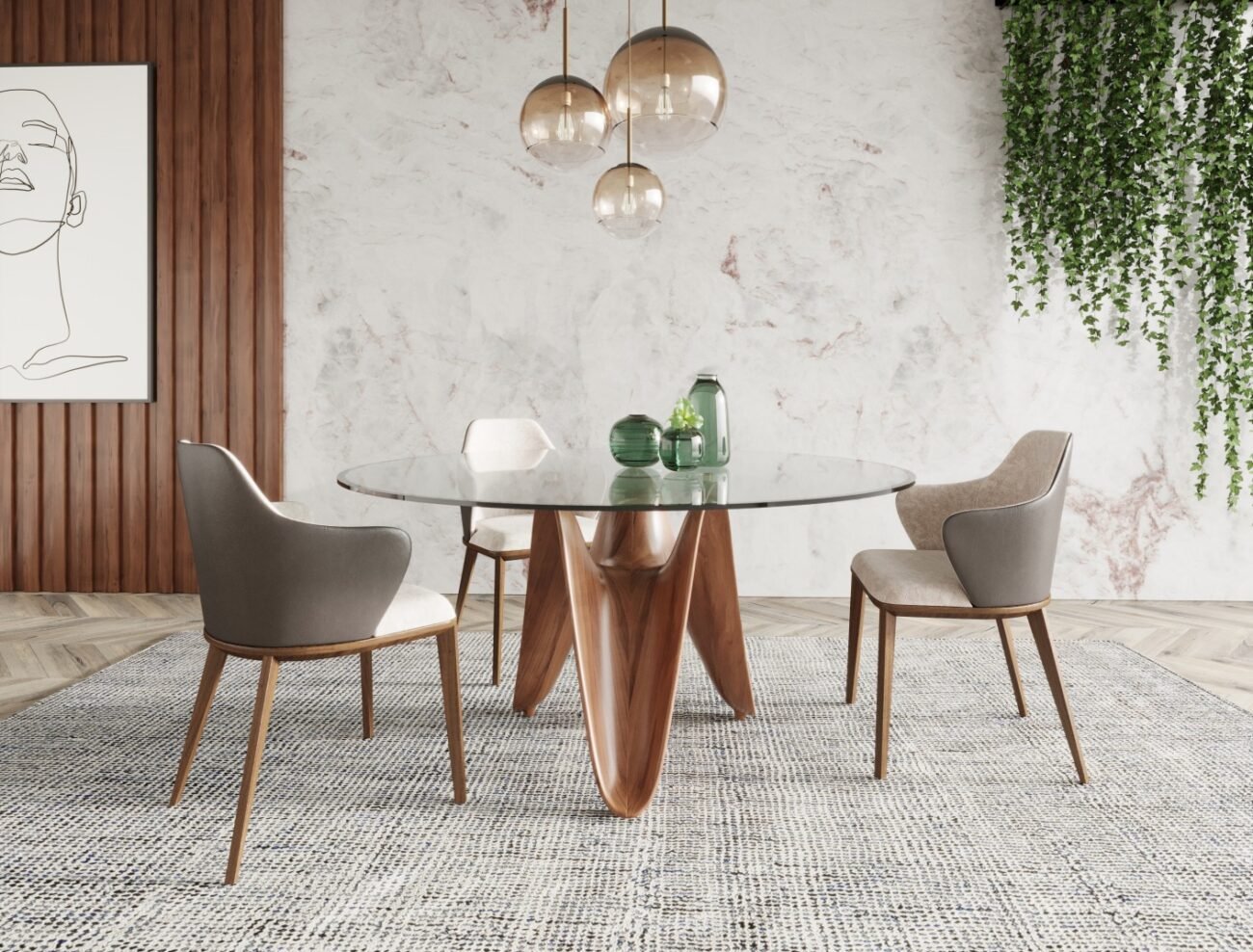 Modrest Seguin - Round Glass + Walnut Dining Table - Image 2