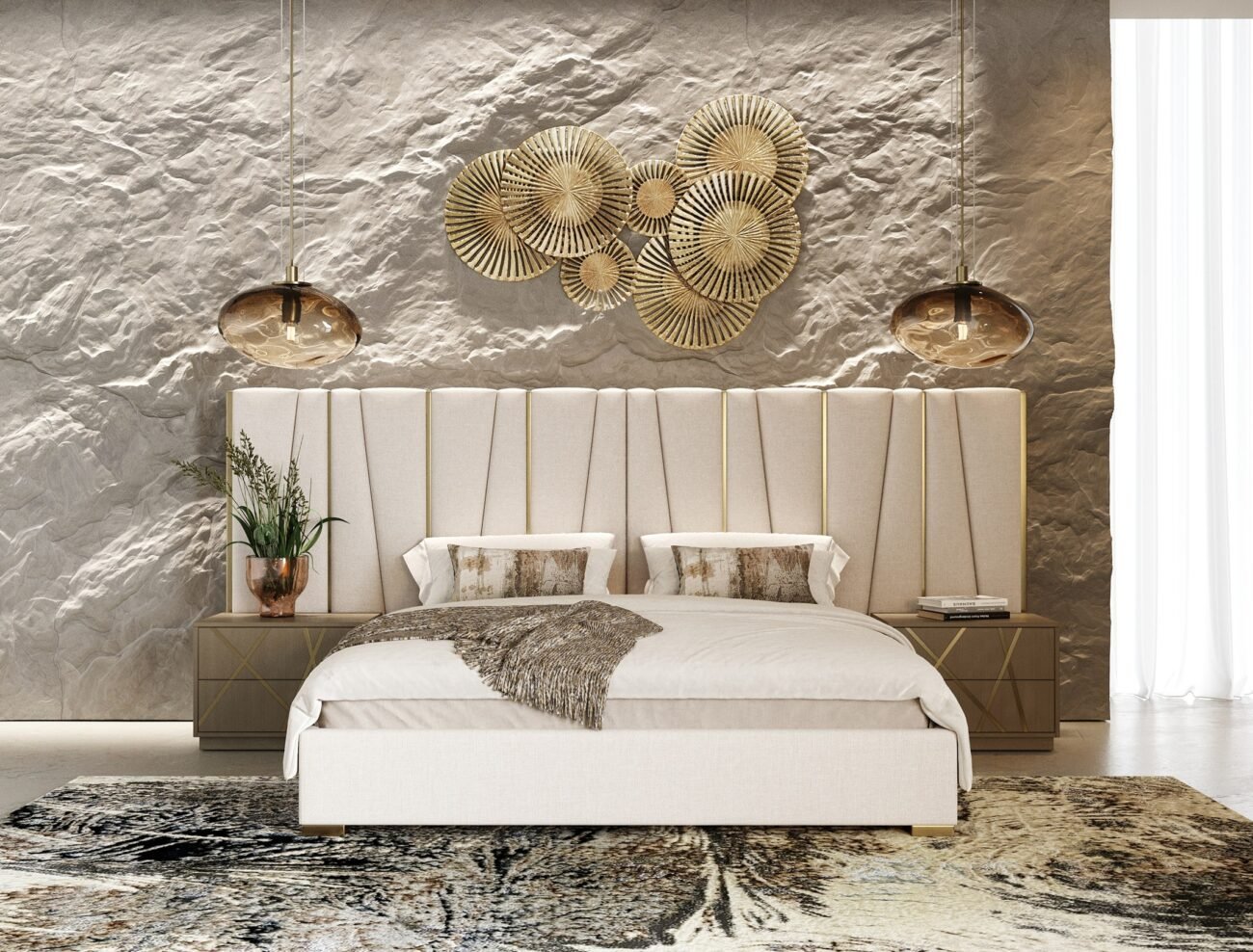 Modrest Nixa - Modern Beige Velvet + Brushed Bronze + Birch 4-Piece Bedroom Set