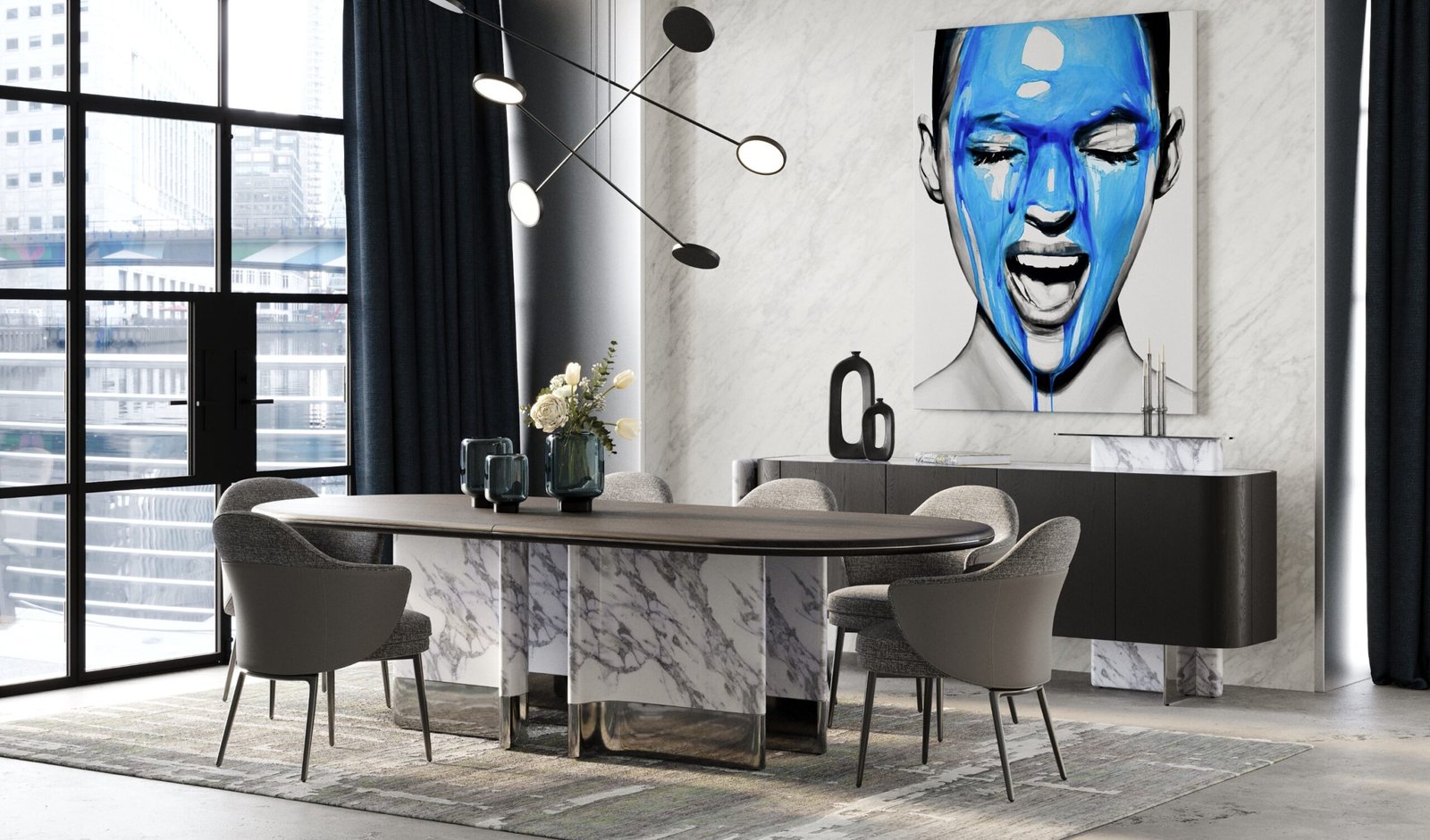Modrest Renfew - Modern Black Oak + Faux Marble Oval Dining Table - Image 4