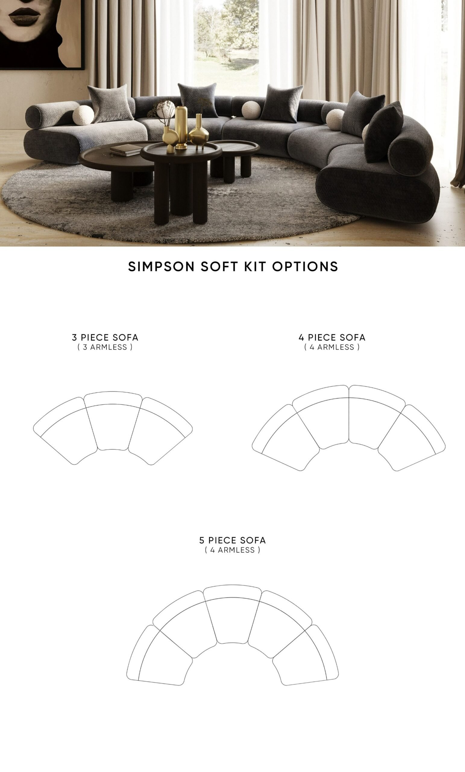 Divani Casa Simpson - Contemporary Dark Grey Fabric Curved Modular Sectional Sofa