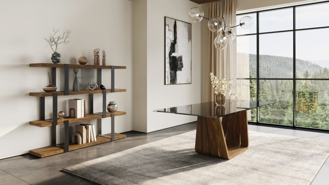 Modrest Solvang - Contemporary - Grey Glass + Walnut Rectangular Dining Table