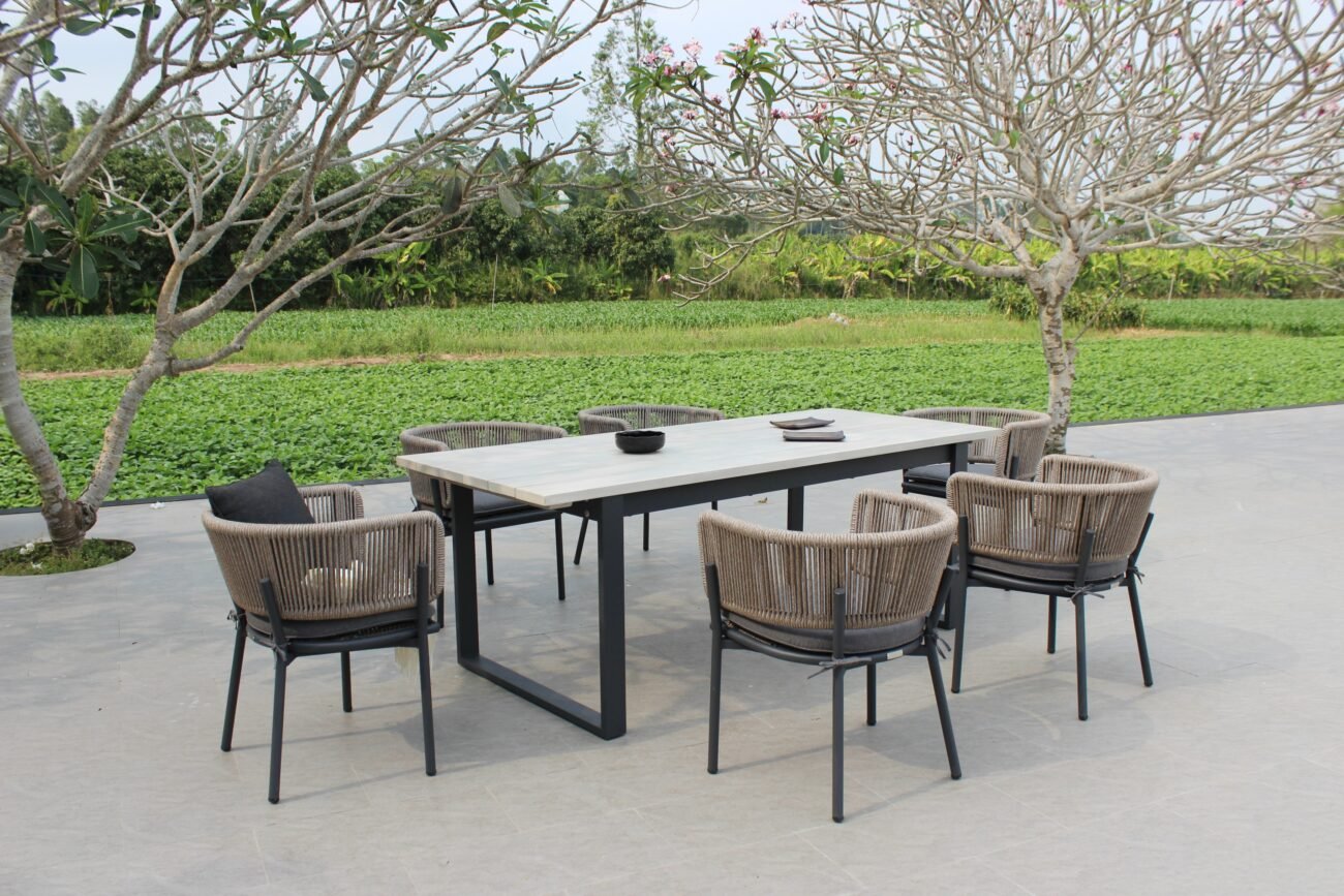Renava Suntide - Outdoor Grey Fabric + Grey Acacia + Beige Rattan Dining Set - Image 5