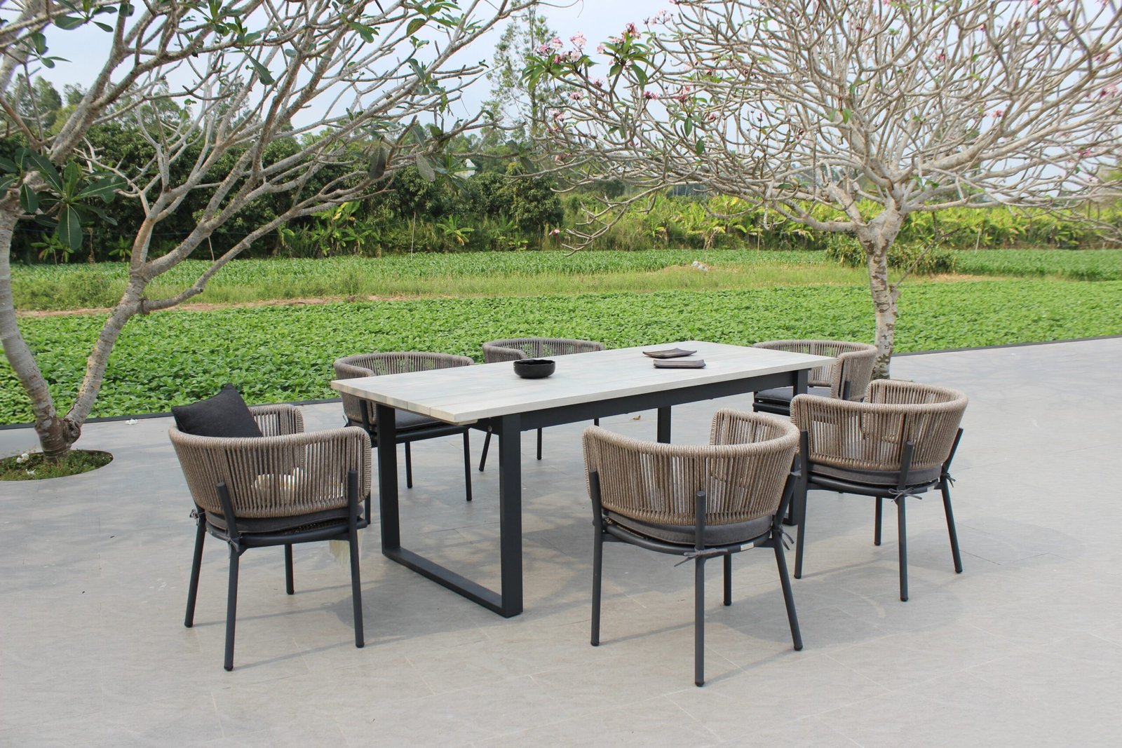 Renava Suntide - Outdoor Grey Fabric + Grey Acacia + Beige Rattan Dining Set - Image 5