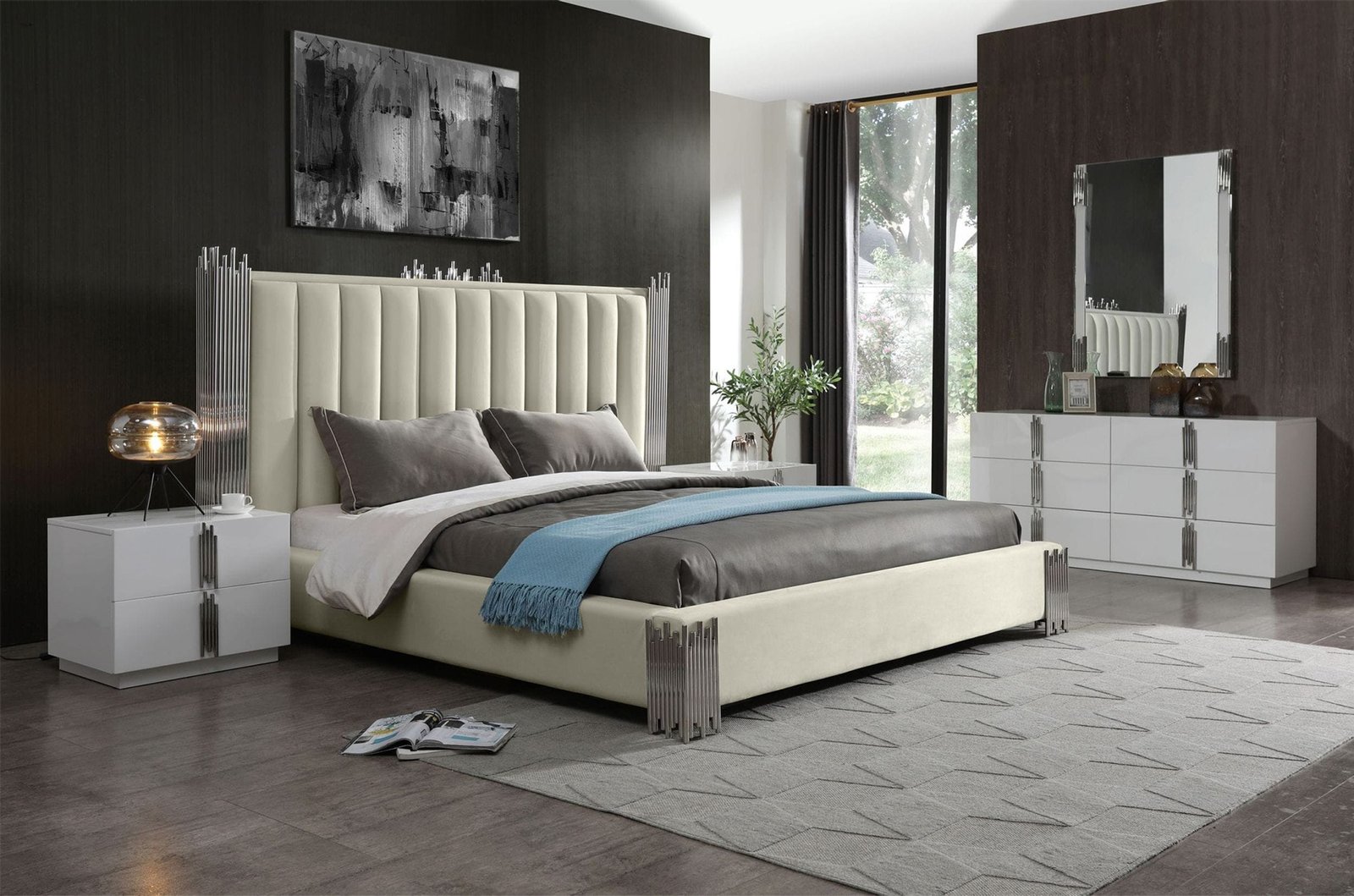 Eastern King Modrest Token - Modern White & Stainless Steel Bedroom Set - Image 4
