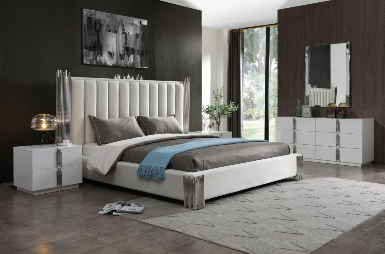 Eastern King Modrest Token - Modern White & Stainless Steel Bedroom Set - Image 2