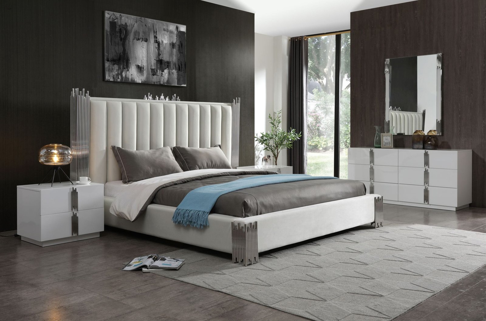 Eastern King Modrest Token - Modern White & Stainless Steel Bedroom Set - Image 2