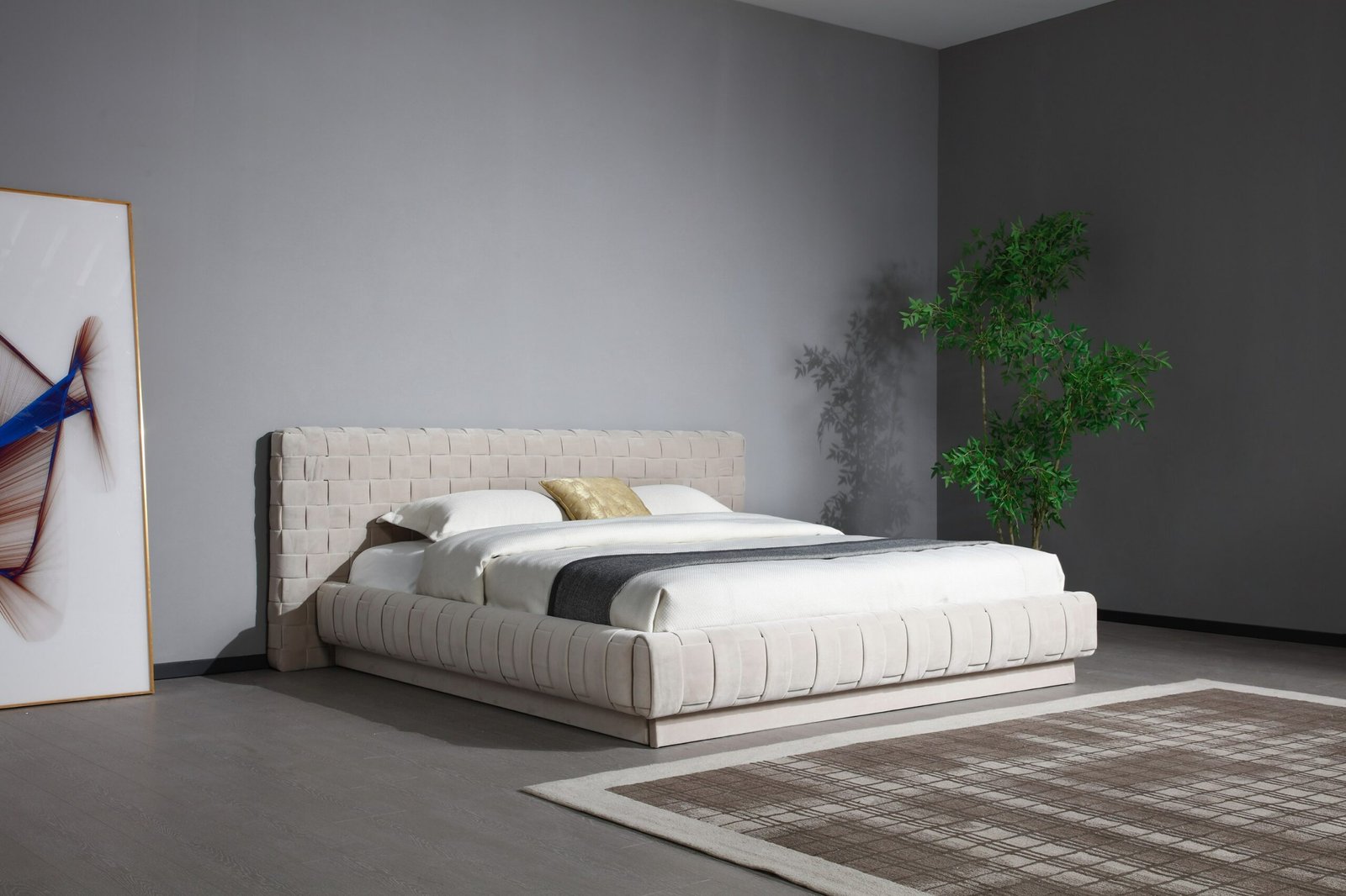 Eastern King Modrest Concord - Modern Grey Velvet + Black Marble + Black Ash + Aluminum Bedroom Set