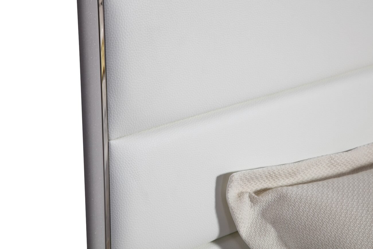 Queen Modrest Cartier - Modern White Vegan Leather + Stainless Steel Bedroom Set - Image 4
