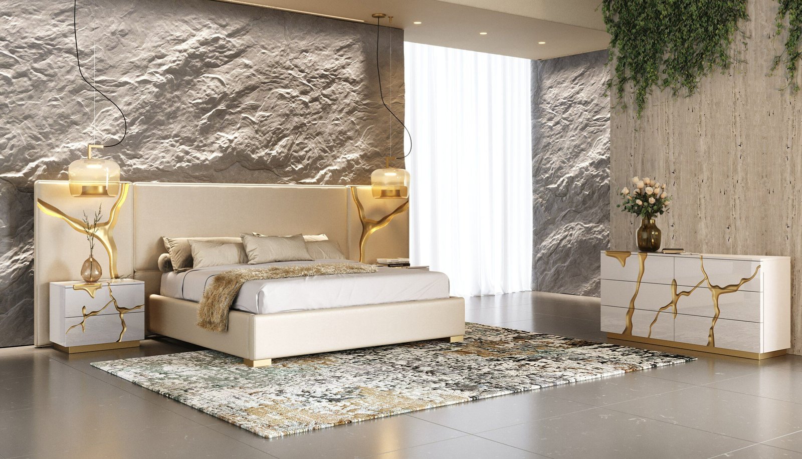 Queen Modrest Aspen - Modern Beige + White + Gold 4-Piece Bedroom Set - Image 4